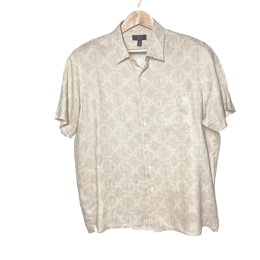 Club Room Luxury Linen Shirt Mens XXL‎ Short Sleeve Beige Geometric Mosaic 100%